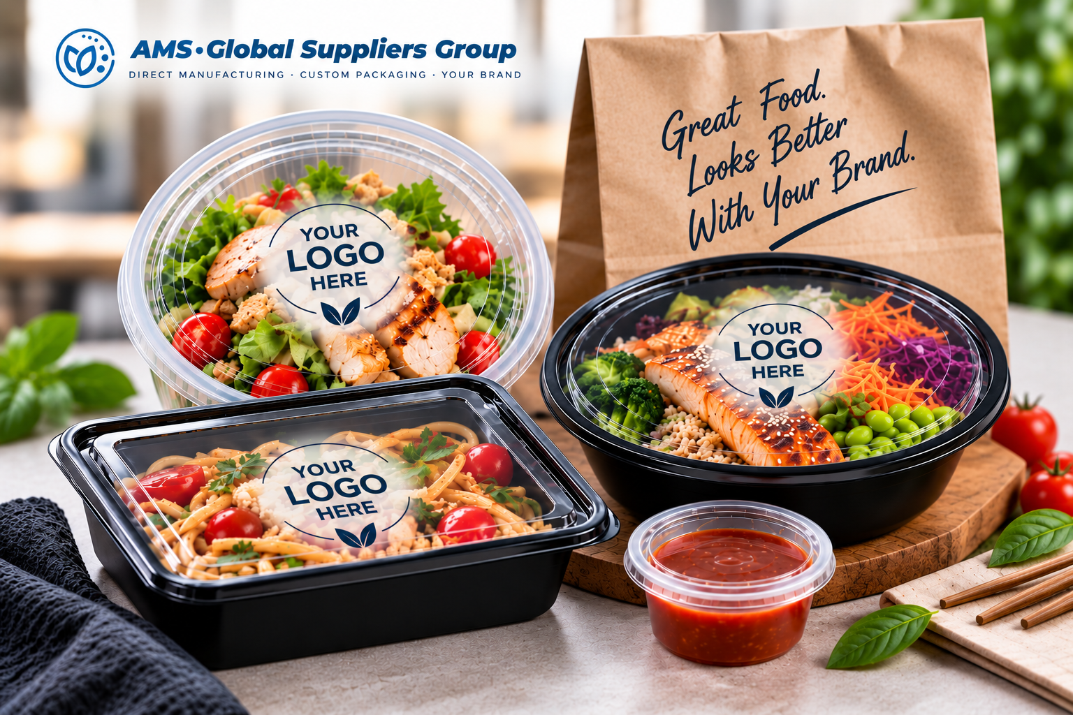 Custom-branded foodservice packaging with logo placement